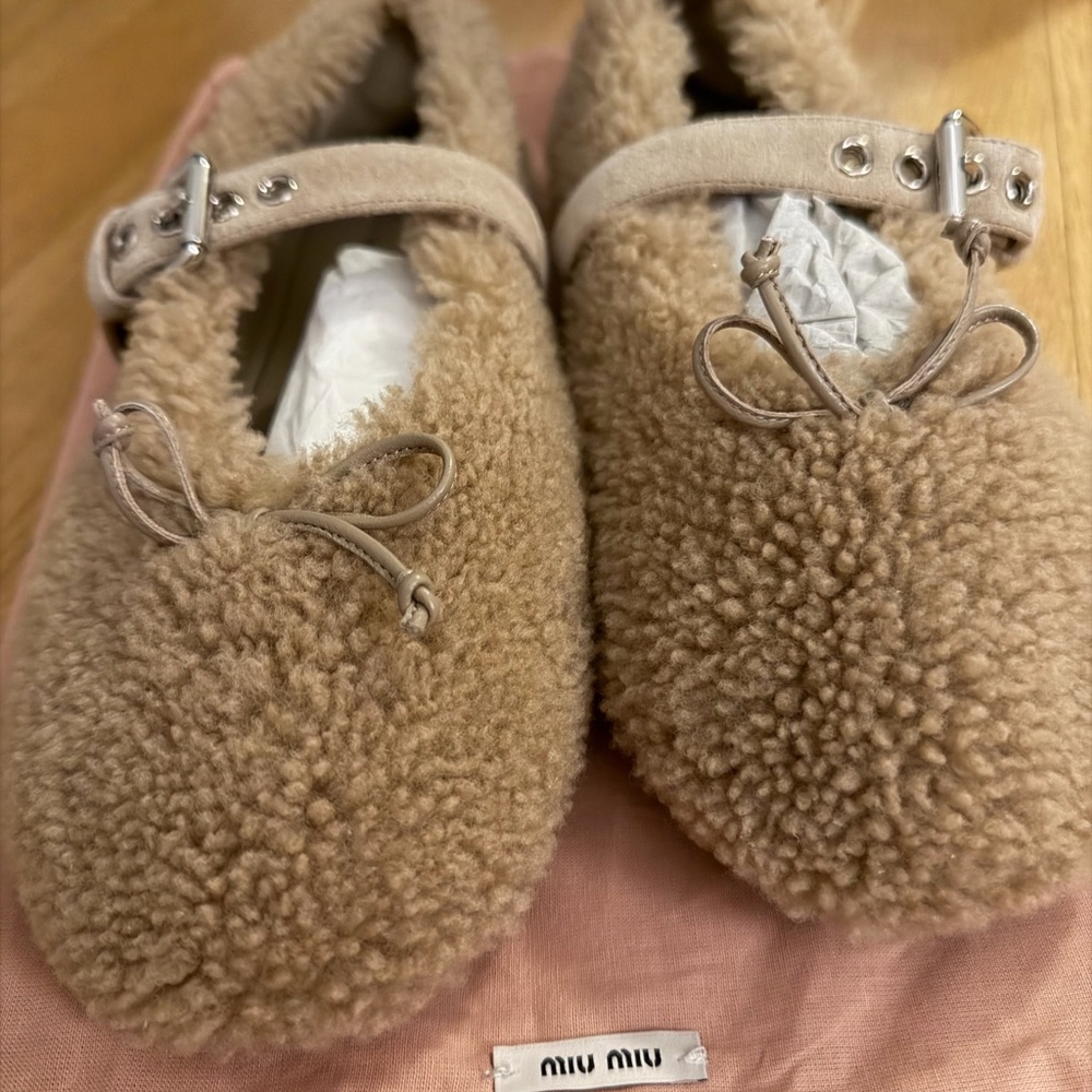 Miu Miu Beige Shearling Flats